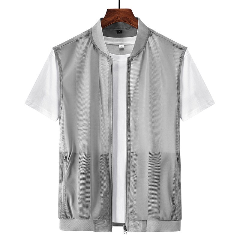 Summer Mens Vest Sleeveless Waistcoat Mens Sports Thin Vest Outer Wear Lightweight Breathable Skin T-shirt Grey - Image 4