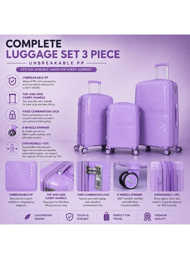 3 Piece Luggage Set, Durable Polypropylene Hard Shell Travel Suitcases with 20, 24 and 28 Inch Sizes for Easy Travel - Image 4