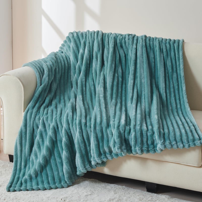 NEWCOSPLAY Super Soft Throw Blanket Light Teal Premium Silky Flannel Fleece 3D Ribbed Jacquard Lightweight Bed Blanket All Season Use (Light Teal Ribbed, Throw(50"x60")) - Image 3