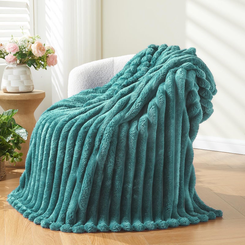 NEWCOSPLAY Super Soft Throw Blanket Light Teal Premium Silky Flannel Fleece 3D Ribbed Jacquard Lightweight Bed Blanket All Season Use (Light Teal Ribbed, Throw(50"x60")) - Image 1