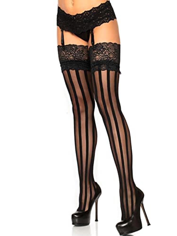 Leg Avenue womens Hosiery Lace Thigh Highs pantyhose, Black Stripe, One Size US - Image 1