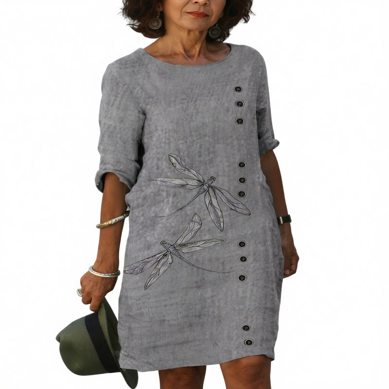 Printed Dragonfly Three-Quarter Sleeve Round Neck Dress - Image 2