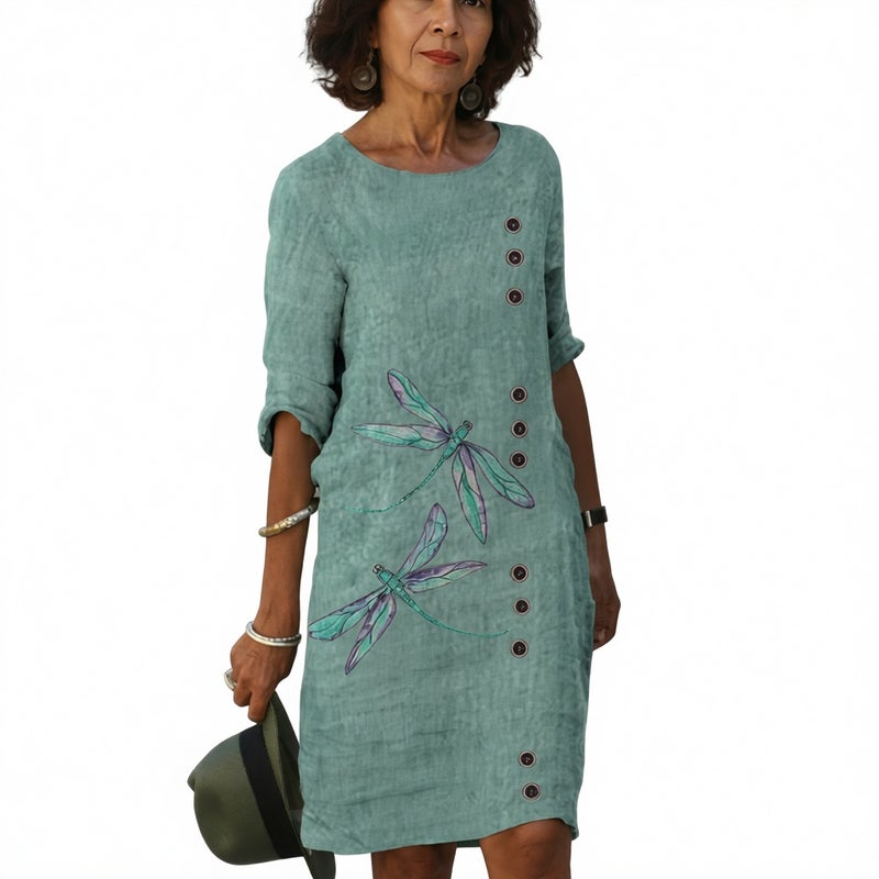 Printed Dragonfly Three-Quarter Sleeve Round Neck Dress - Image 1