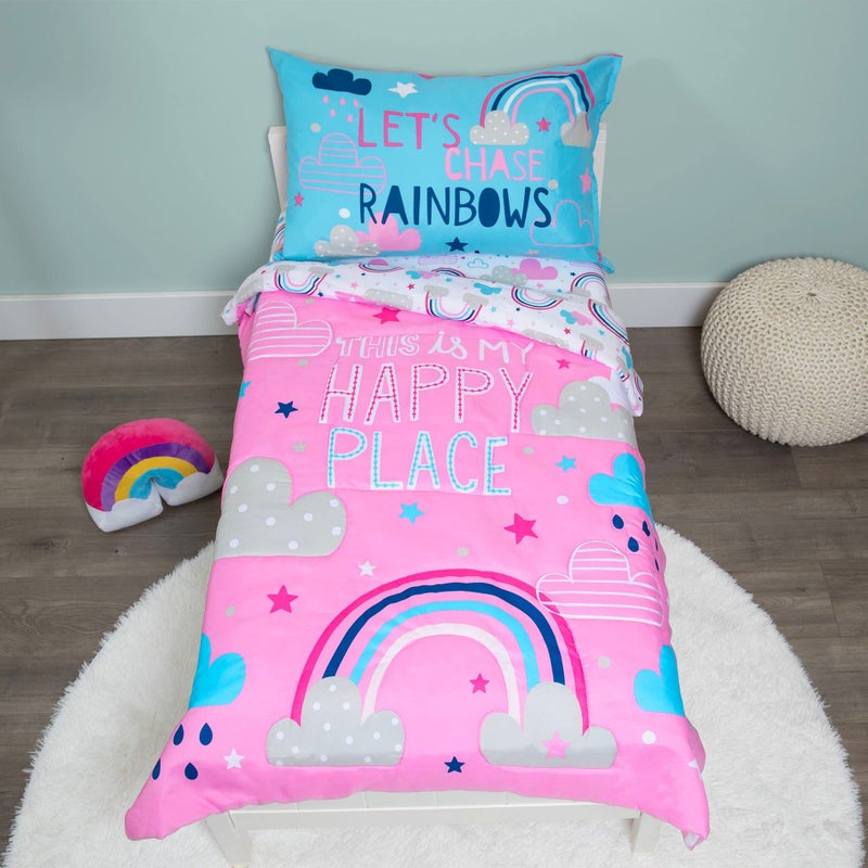 Baby Boom Baby Boom Funhouse Lets Chase Rainbows 4 Piece Toddler Bedding Set Includes Comforter Sheet Set Fitted Top Sheet Reversible Pillowcase for Girls Bed Pink