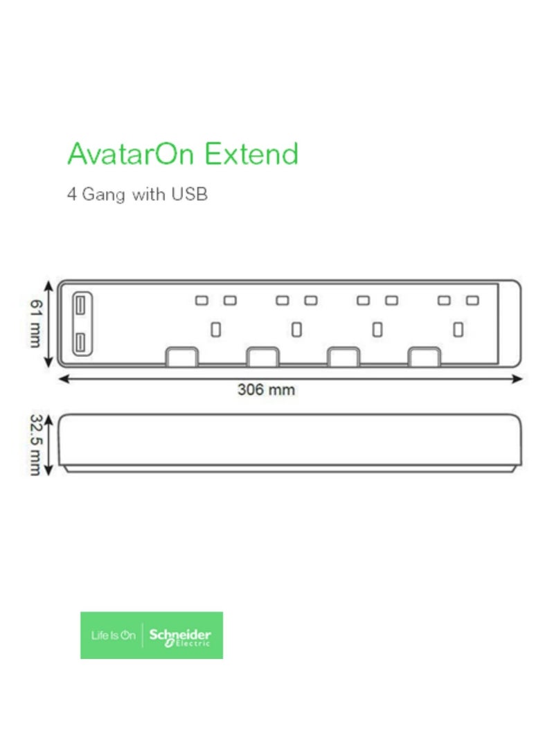 Schneider Electric Extension Cord with USB port & 4 Trailing Sockets with individual switch, 3M,  Strips/ Multi Plug, metal golden hairline - TSH34U_3_GH - Image 3