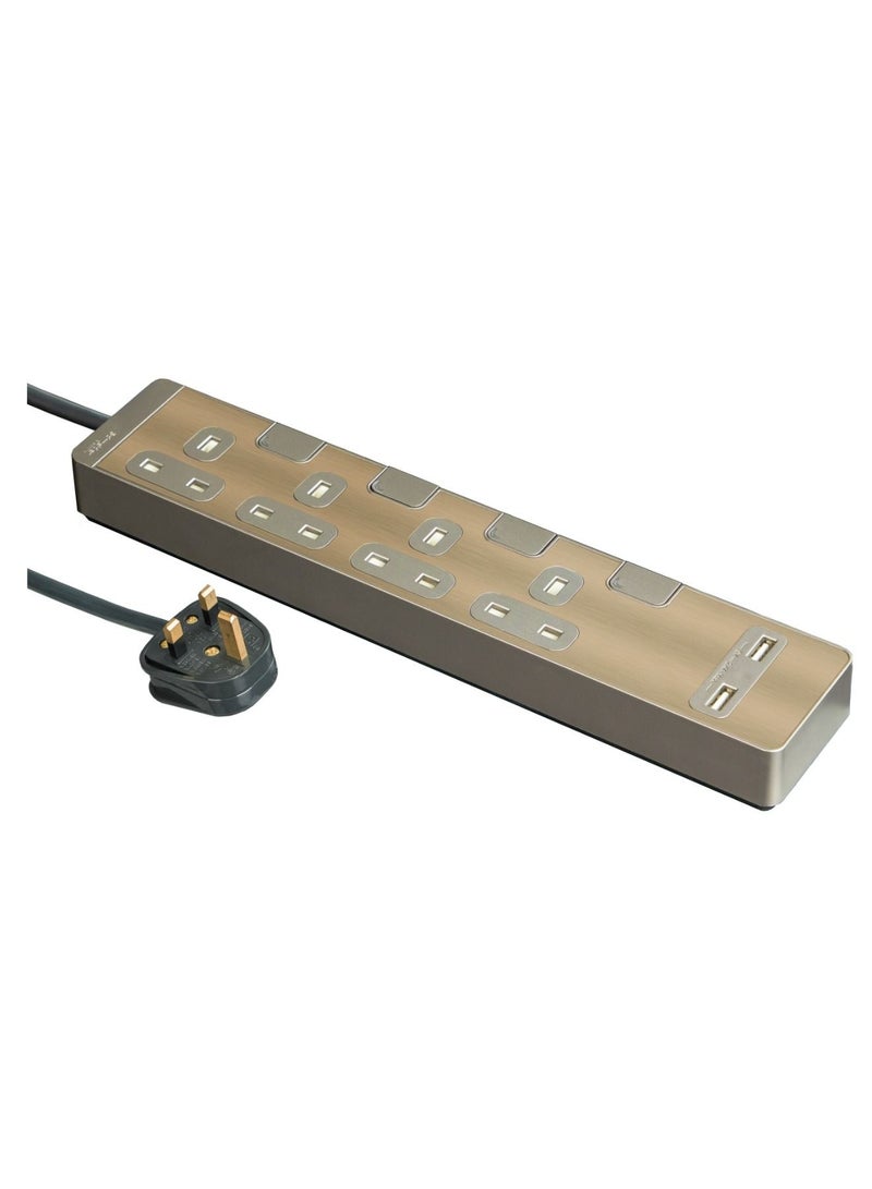 Schneider Electric Extension Cord with USB port & 4 Trailing Sockets with individual switch, 3M,  Strips/ Multi Plug, metal golden hairline - TSH34U_3_GH - Image 1