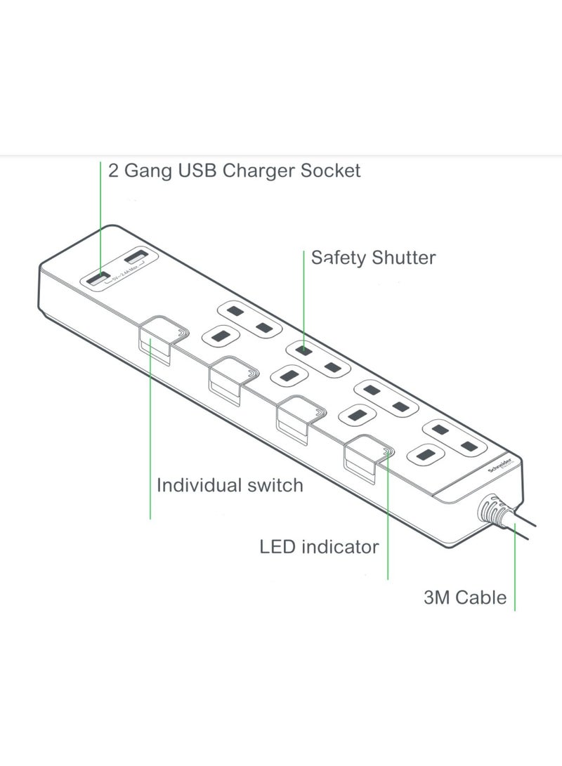 Schneider Electric Extension Cord with USB port & 4 Trailing Sockets with individual switch, 3M,  Strips/ Multi Plug, metal golden hairline - TSH34U_3_GH - Image 2