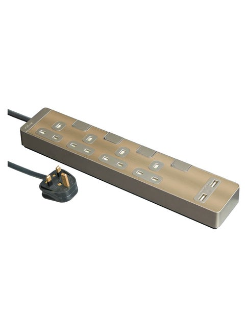 Schneider Electric Extension Cord with USB port & 4 Trailing Sockets with individual switch, 3M,  Strips/ Multi Plug, metal golden hairline - TSH36U_3_GH