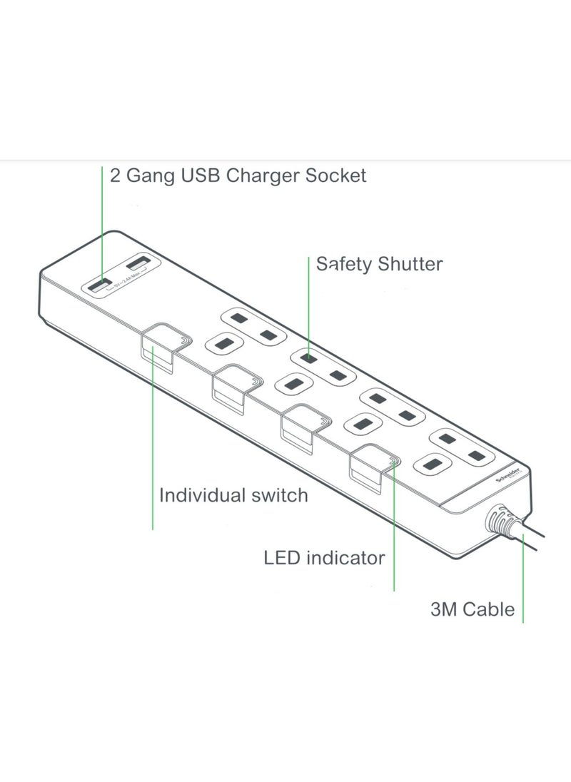 Schneider Electric - Schneider Electric Extension Cord with USB port & 4 Trailing Sockets with individual switch, 3M,  Strips/ Multi Plug, metal golden hairline - TSH36U_3_GH - Image 1