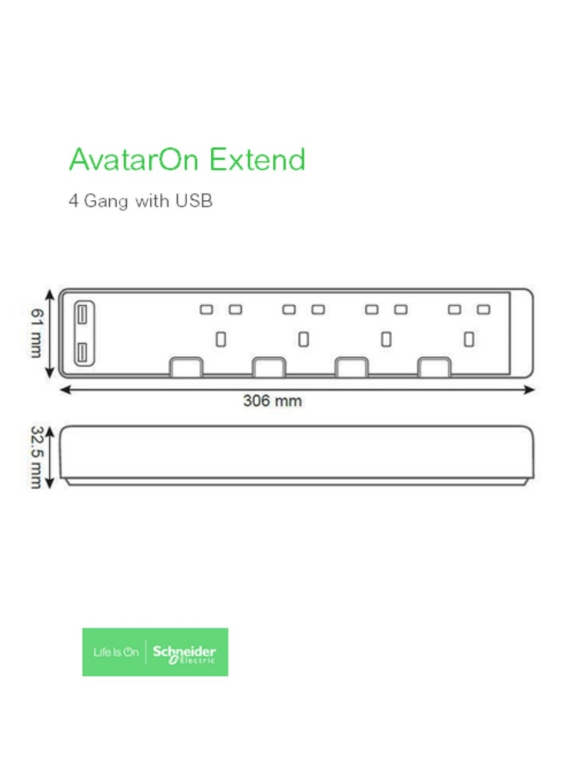 Schneider Electric - Schneider Electric Extension Cord with USB port & 4 Trailing Sockets with individual switch, 3M,  Strips/ Multi Plug, metal golden hairline - TSH36U_3_GH - Image 1