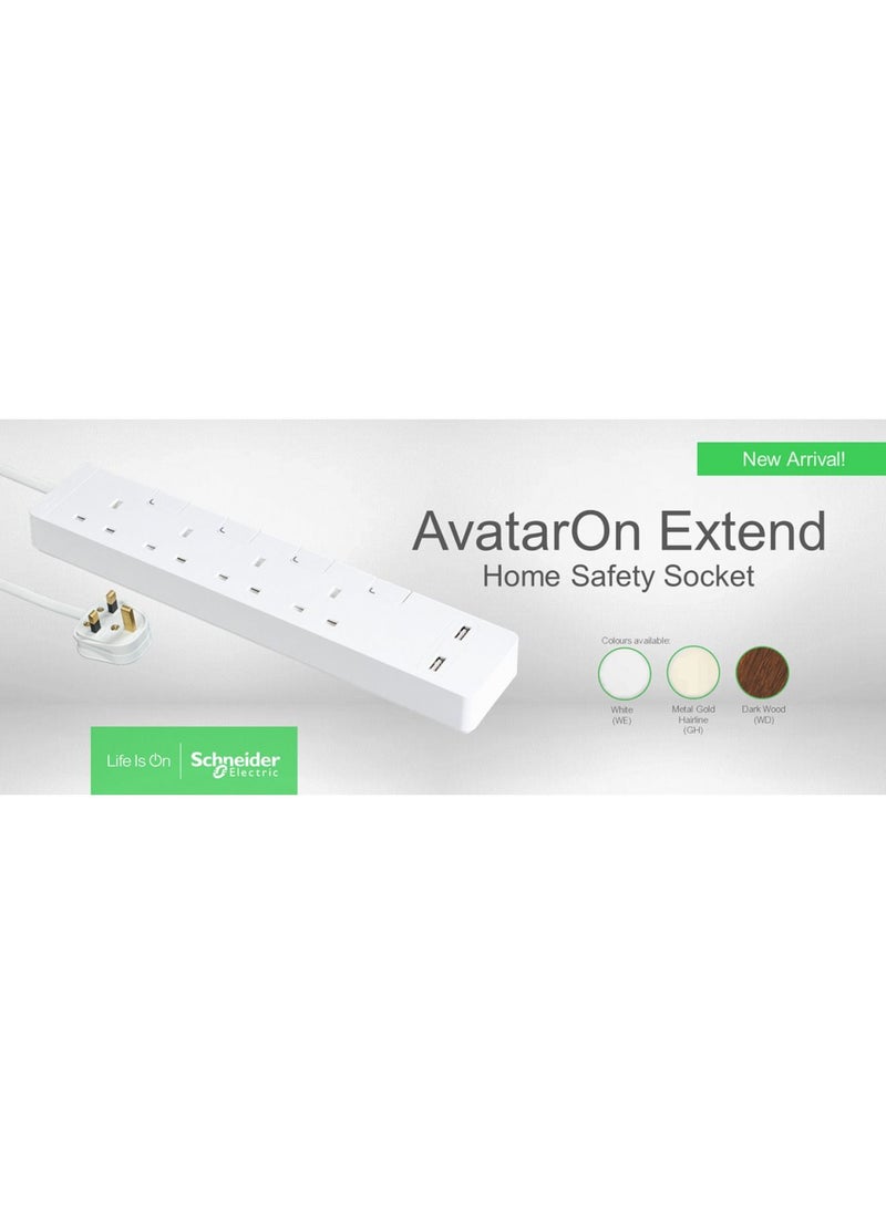 Schneider Electric - Schneider Electric Extension Cord with USB port & 4 Trailing Sockets with individual switch, 3M,  Strips/ Multi Plug, metal golden hairline - TSH36U_3_GH - Image 1