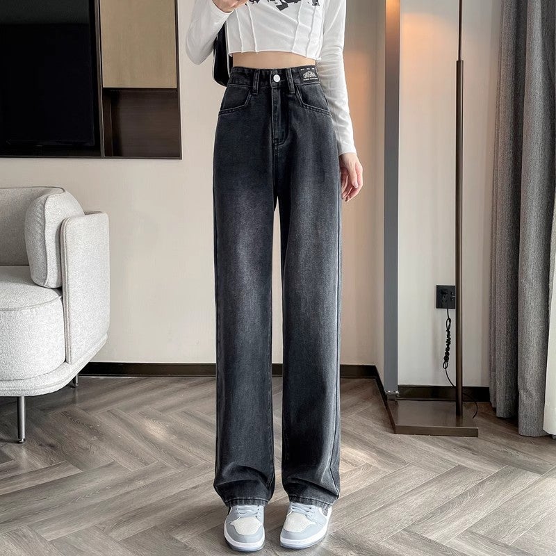 Jeans for women Spring and Autumn New slimming high waist fleece-lined small straight wide leg pants for women