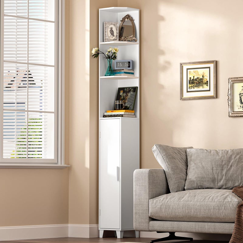 MOHOPE رف زاوية MOHOPE مع خزانة 748 خزانة زاوية طويلة مع باب 5 رفوف ضيقة مع رفوف قابلة للتعديل خزائن عرض لغرفة المعيشة الحمام غرفة الطعام المساحات الصغيرة بيضاء