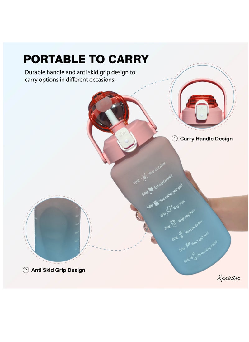 Sprinters - - 2 Liters / 2L Water Bottle - Large Size Water Bottle Multicolor Leak Proof With Straw, Motivational Quote And Time Marker, Anti Slip For Sports ,Fitness, Gym ,Outdoor (Pink/Blue Gradient) - Image 1