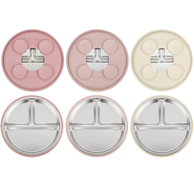 PandaEar 3 Pack Stainless Steel Baby Suction Plates, Divided Toddler Plate for Baby Led Weaning Supplies, Non-Slip Toddler Baby Feeding Set Dishwasher Safe (Pink/Linen/Light Pink) - Image 1