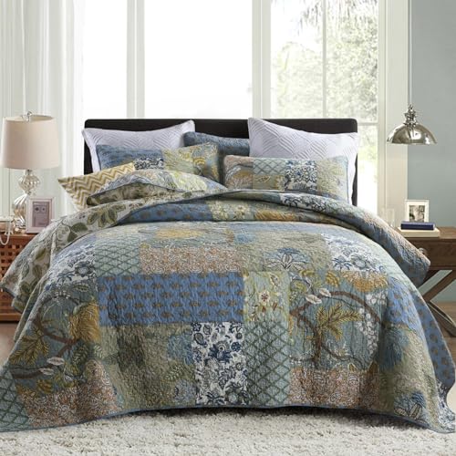 Secgo King Size Comforter Set 100 Cotton Quilt King Size Set Green Sage bedspreads 96  108 Inch with 2 Pillow Shams Patchwork Reversible Lightweight Bedding