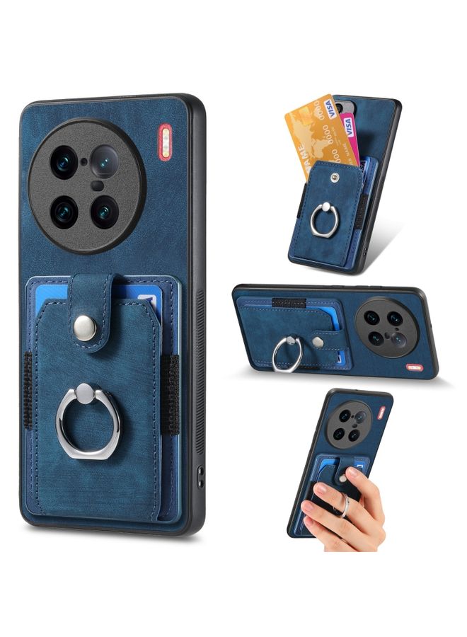 Case Cover For vivo X90 Pro+ Retro Skin-feel Ring Multi-card Wallet Phone Case Blue