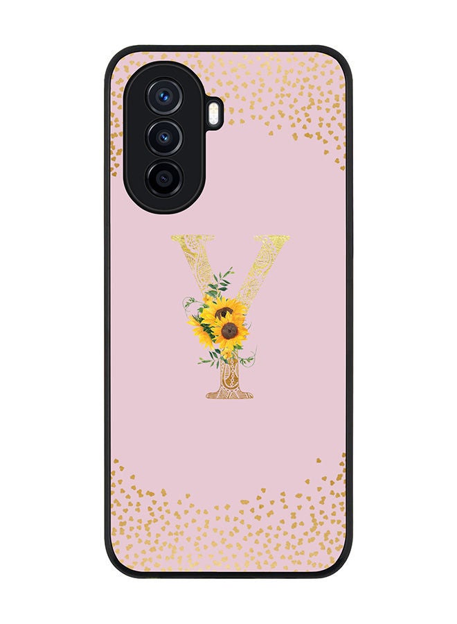 Stylizedd Rugged Black edge case for Huawei Nova Y70  Slim fit Soft Case Flexible Rubber Edges Anti Drop TPU Gel Thin Cover - Custom Monogram Initial Letter Floral Pattern Alphabet - Y (Pink ) - Image 1