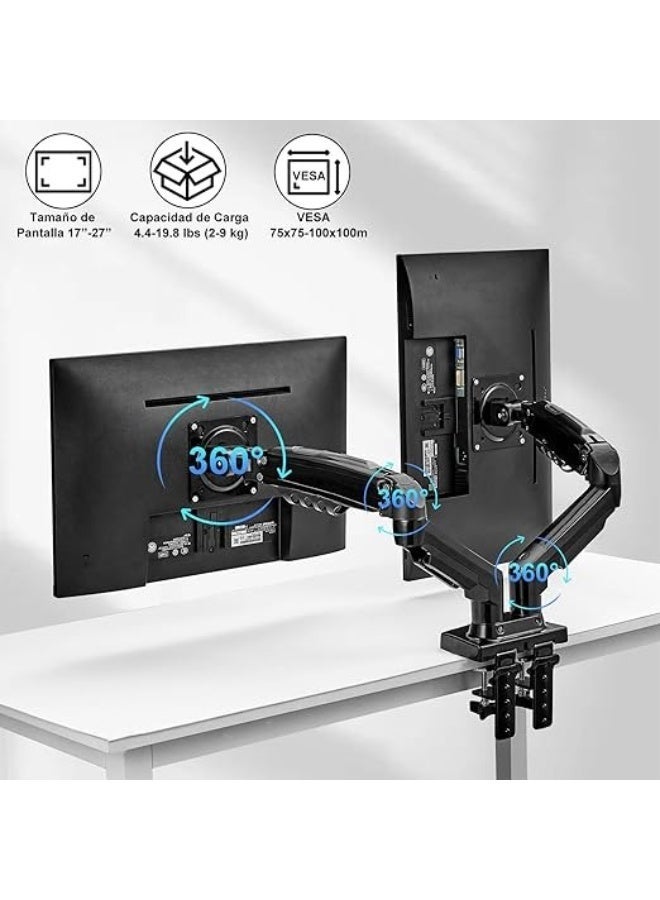 Adjustable dual monitor mount – hydraulic arm for 17-27 inch monitors with full rotation and clamp and grommet mounting base - Image 2