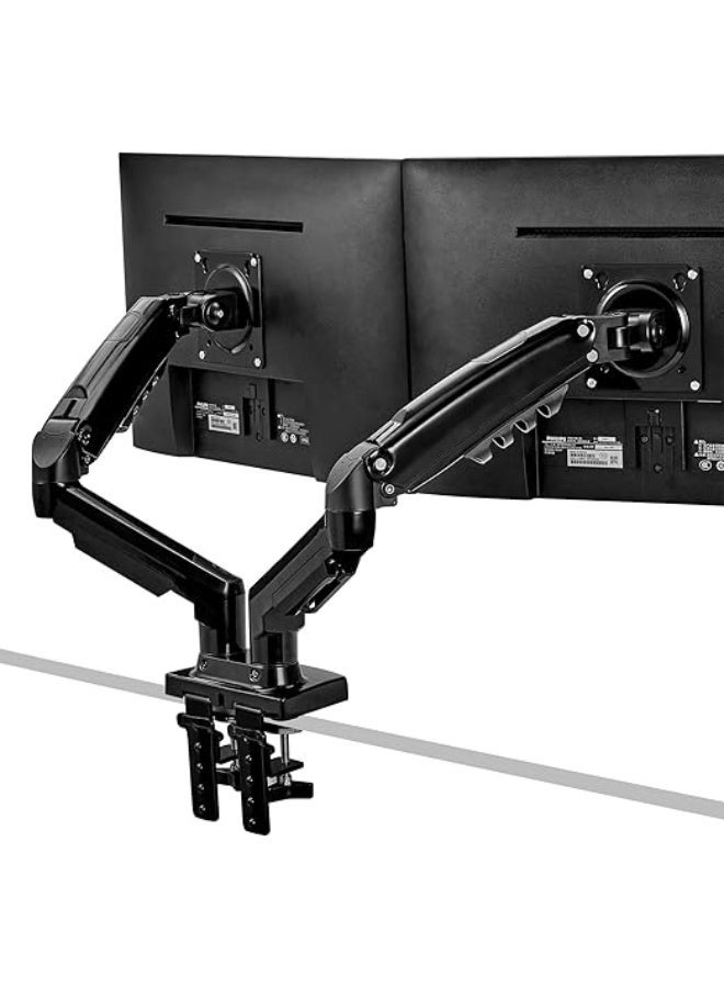 Adjustable dual monitor mount – hydraulic arm for 17-27 inch monitors with full rotation and clamp and grommet mounting base - Image 1