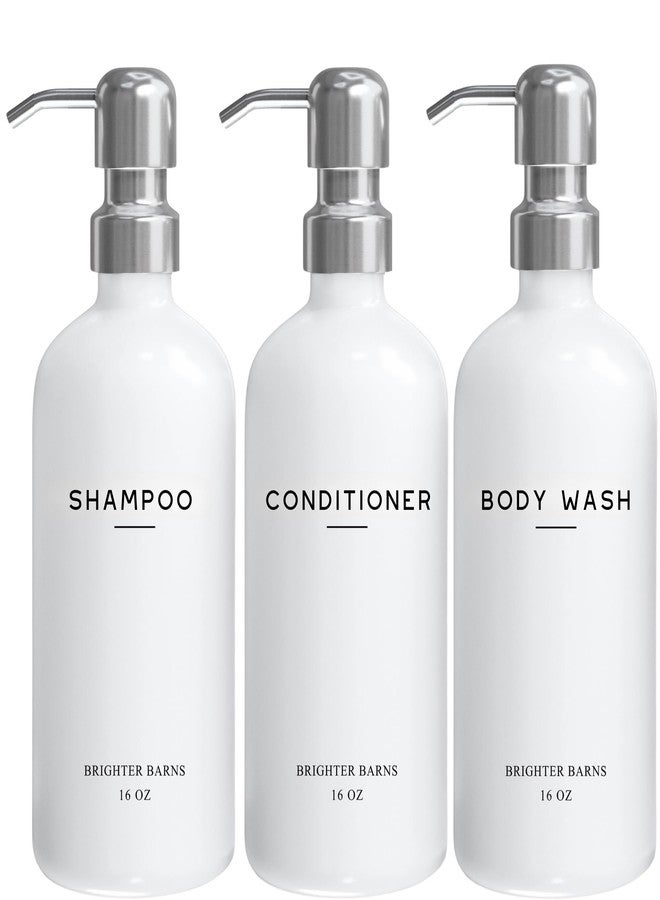 Brighter Barns White Shampoo and Conditioner Dispenser Set by Brighter Barns - Shower Dispenser for Bathroom - Refillable Plastic Shampoo Bottle & Stainless Steel Pump - Shampoo Dispenser for Vacation Rental (White) - Image 1