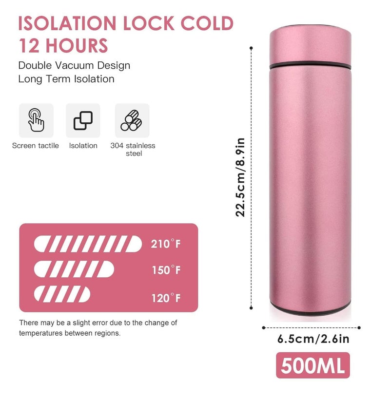 IKTU 500ml Hot & Cold Smart LED Temperature Display Water Bottle, Double Wall Vacuum Insulated Flask, Food Grade SUS304 Stainless Steel Bottle (Metallic Pink) - Image 4