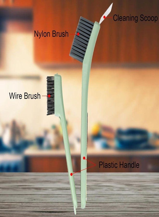 Auerllcy Multifunctional Cleaning Brush with Nylon & Wire Brush and Cleaning Spatula, Long Handle Brushes for Bathroom, Kitchen, Grout, and Tile Deep Cleaning, 2 Pack (Green+White) - Image 3