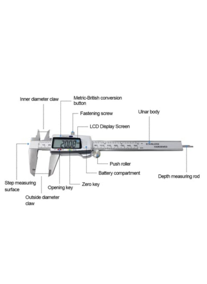 Generic - 6 Inch 150mm Digital Calipers Stainless Steel Electronic Digital Vernier Caliper with LCD Display Inch Millimeter Conversion Zero Setting Function for Precise Measuring Inside Outside Diameter Thickness Depth - Image 1
