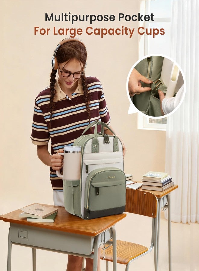 لوف فوك حقيبة ظهر LOVEVOOK للكمبيوتر المحمول للنساء مع جيب كبير لحمل الأكواب، مقاس 15.6 بوصة، مناسبة للمدرسة والجامعة، وللممرضات والمعلمات، وللعمل والسفر، ولأجهزة الكمبيوتر المحمولة، بألوان الأخضر البازلاء والأصفر الفاتح والأزرق الخيشي. - Image 2