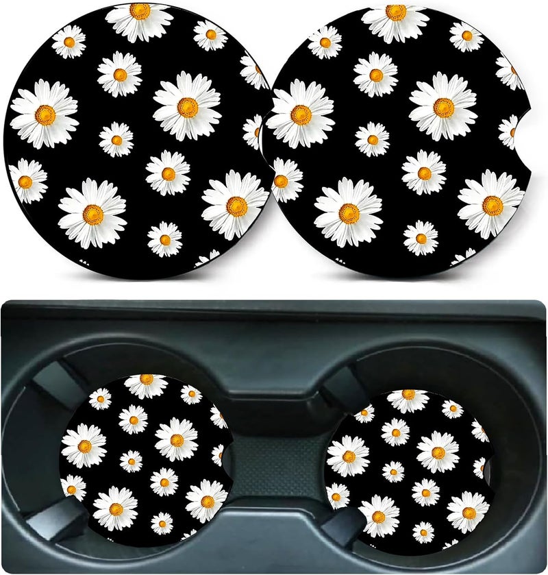Ldntly Car Coasters for Cup Holders,2 Pack White Daisy Car Cup Holder Coasters,2.75" Universal Size Anti Slip Rubber Mat,Automotive Cup Holder Decal Decor Accessories,Daisy Gifts for Women,Men,Mom - Image 1