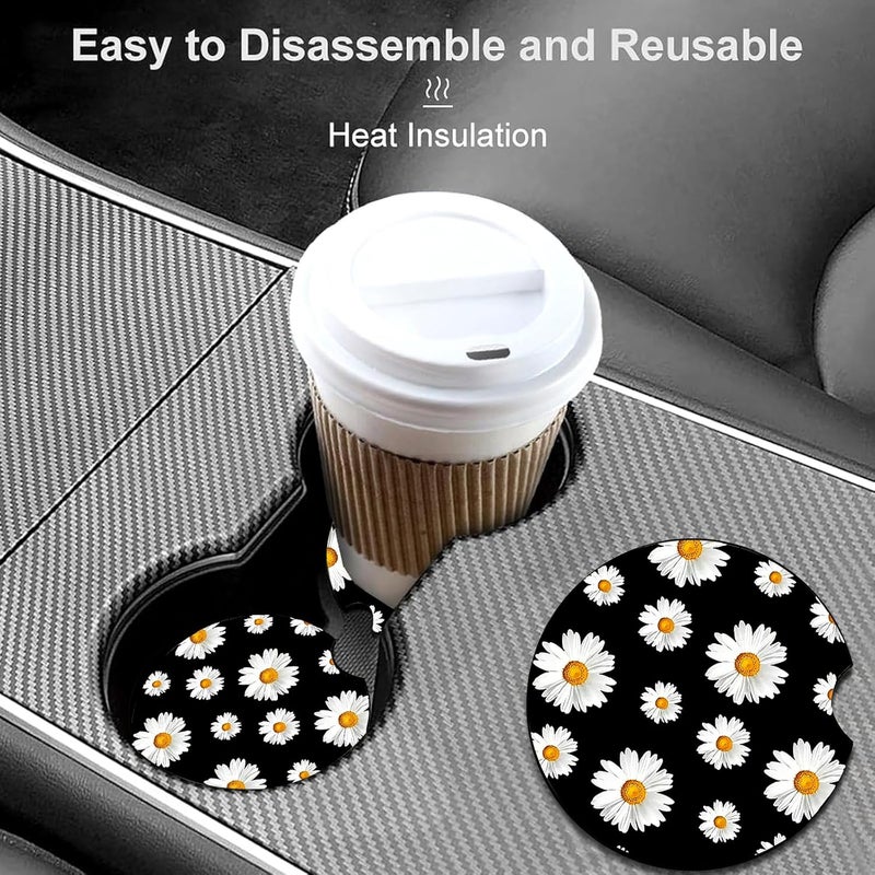 Ldntly Car Coasters for Cup Holders,2 Pack White Daisy Car Cup Holder Coasters,2.75" Universal Size Anti Slip Rubber Mat,Automotive Cup Holder Decal Decor Accessories,Daisy Gifts for Women,Men,Mom - Image 2