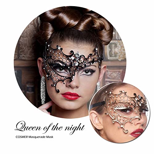 Cosmer Masquerade Mask for Women Shiny Laser Cut Metal Rhinestone Mask Party Porm Ball Mask (Black Half-face) - Image 3