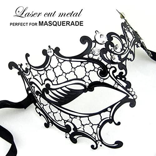 Cosmer Masquerade Mask for Women Shiny Laser Cut Metal Rhinestone Mask Party Porm Ball Mask (Black Half-face) - Image 2