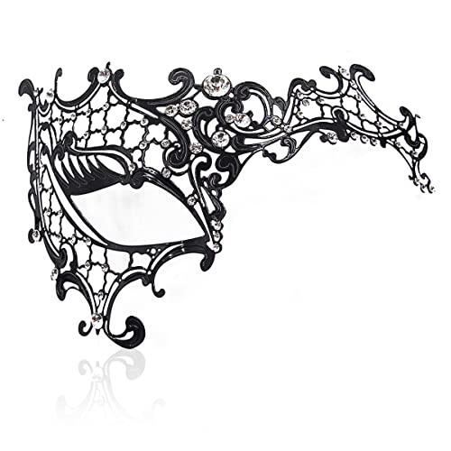 Cosmer Masquerade Mask for Women Shiny Laser Cut Metal Rhinestone Mask Party Porm Ball Mask (Black Half-face) - Image 1