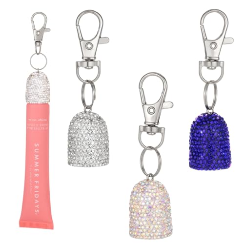 Veseek 3pcs Lip Balm Keychain Holder Bling Lip Gloss Key Chain Cap Portable Lipgloss Case Compatible with Summer Fridays 0.5oz & LANGIGE 0.35oz(White+AB+Blue) - Image 1