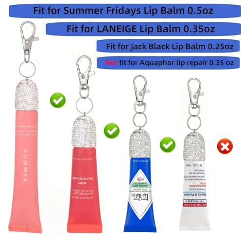Veseek 3pcs Lip Balm Keychain Holder Bling Lip Gloss Key Chain Cap Portable Lipgloss Case Compatible with Summer Fridays 0.5oz & LANGIGE 0.35oz(White+AB+Blue) - Image 2