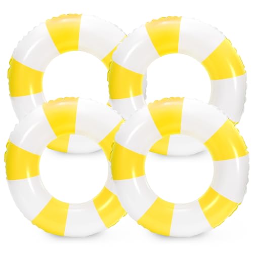 Whaline 4Pcs White Yellow Inflatable Swimming Float Toy Striped Swim Ring Fun Print Pool Lounger Tube for Teen Boy Girl Summer Swimming Beach Party 228 Inch - Image 1