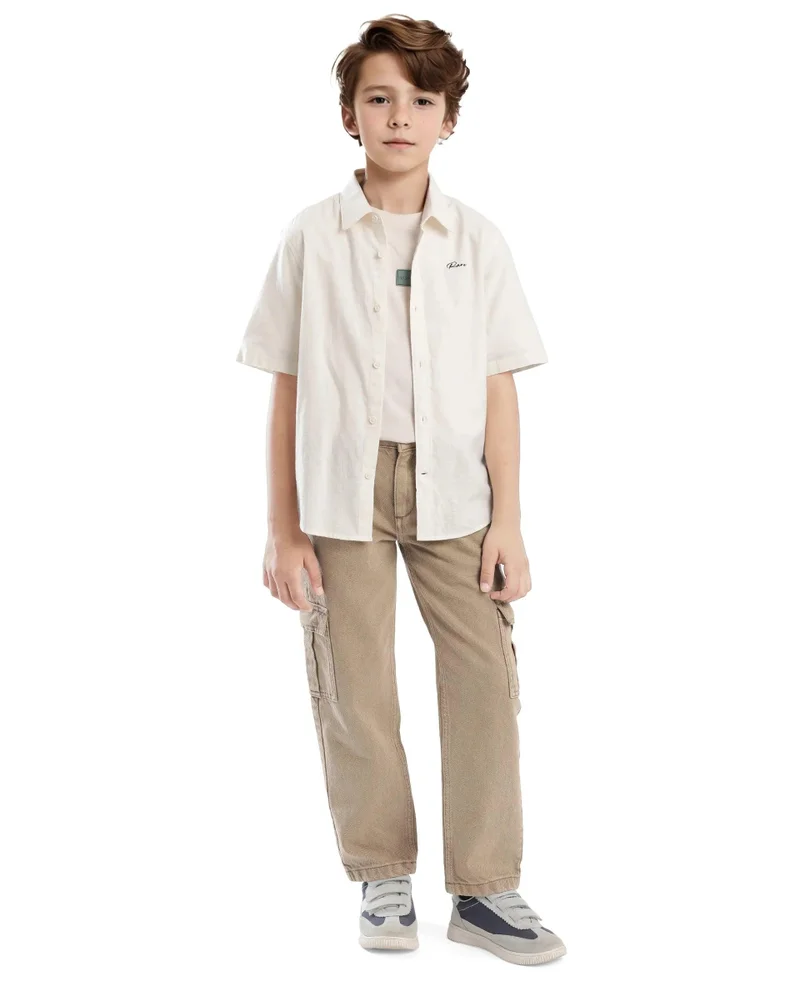 رير ونز Rare Ones Kids Cora Off White Cotton Half Sleeve Button Embroidered Regular Fit Shirt
