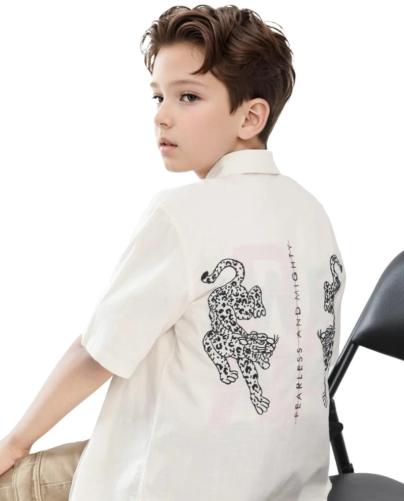 رير ونز Rare Ones Kids Cora Off White Cotton Half Sleeve Button Embroidered Regular Fit Shirt