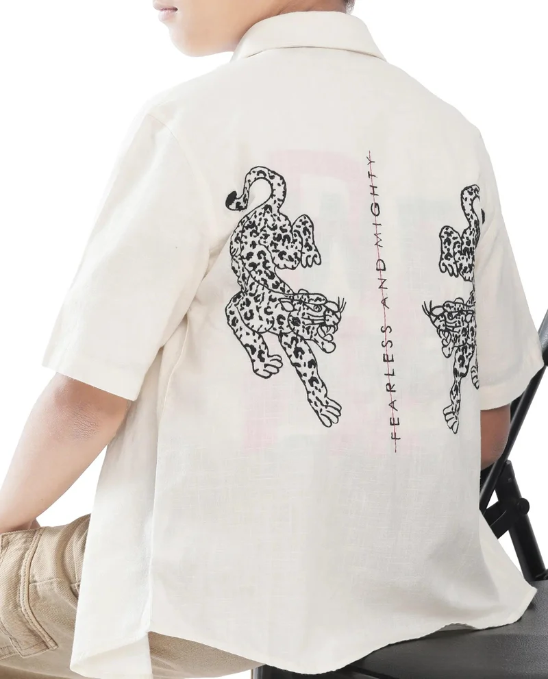 Rare Ones Rare Ones Kids Cora Off White Cotton Half Sleeve Button Embroidered Regular Fit Shirt