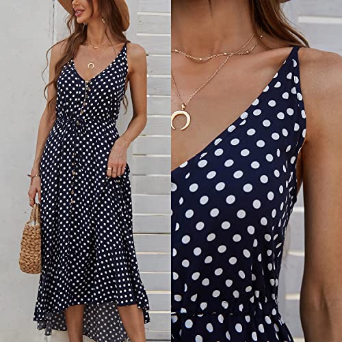 BROVAVE Women's 2025 Summer Casual Boho Sundress Polka Dot Spaghetti Strap V Neck Flowy Midi Dresses(008 Navy, Small) - Image 2