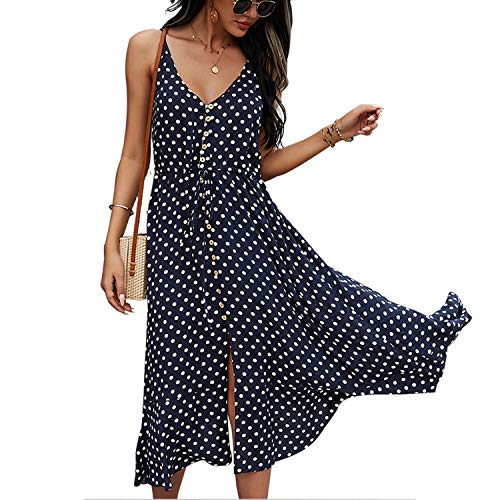 BROVAVE Women's 2025 Summer Casual Boho Sundress Polka Dot Spaghetti Strap V Neck Flowy Midi Dresses(008 Navy, Small) - Image 1