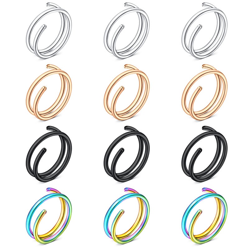 FECTAS Nose Rings Hoop Double Circle Nose Ring Surgical Steel 20g Gauge 8mm Nostril Piercing Hoops Jewelry 12PCS - Image 1