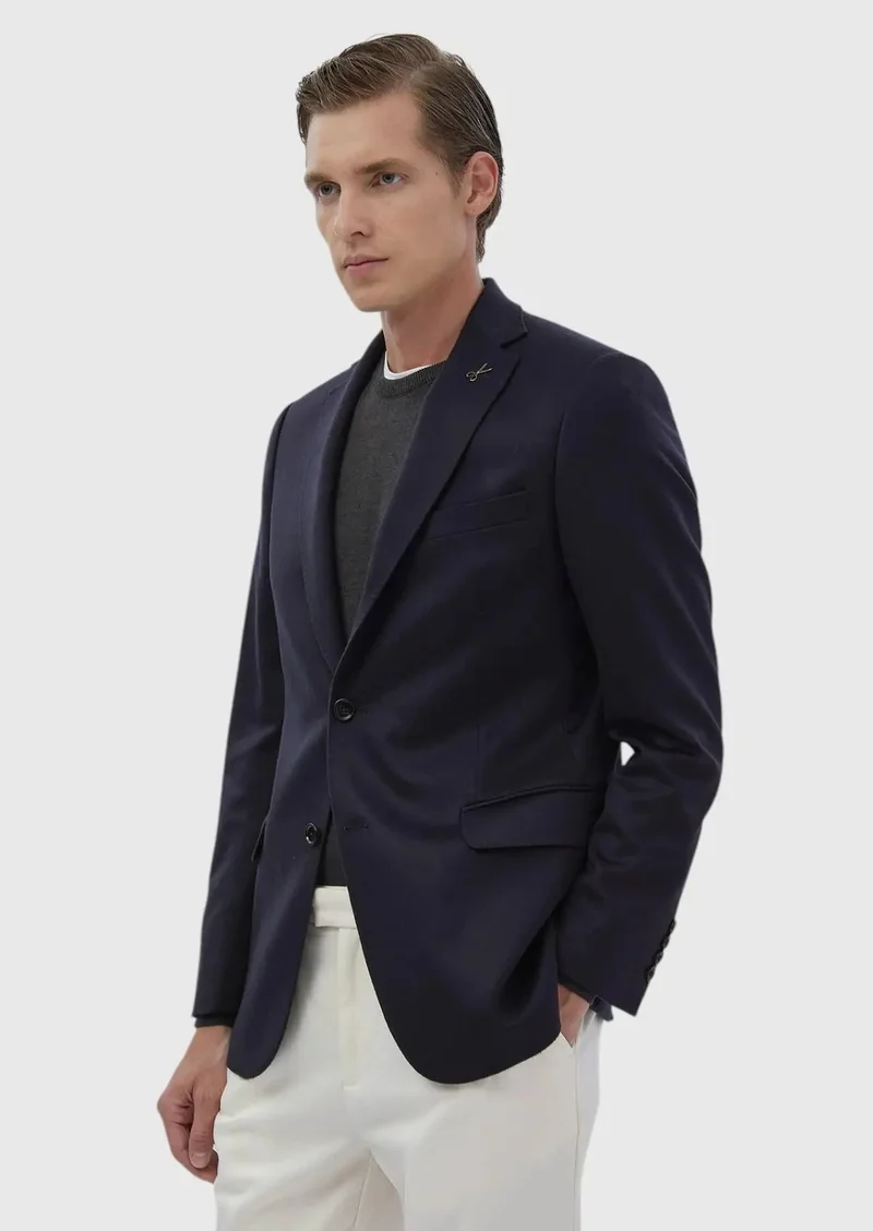 RAMSEY Navy Blue Plain Regular Fit 100% Cashmire Jacket