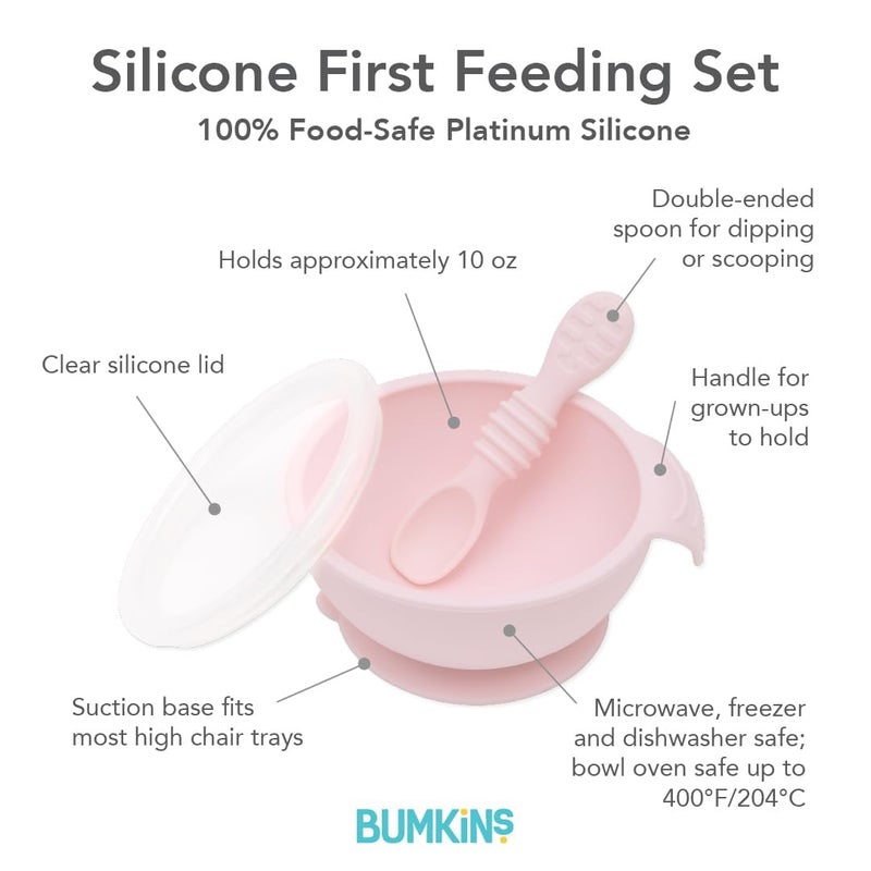 Bumkins Silicone Baby Bowl Feeding Set With Suction for Toddler, Includes Spoon and Lid, First Feeding Set, Essential for Led Weaning, 4 Months+, Pink - Image 5