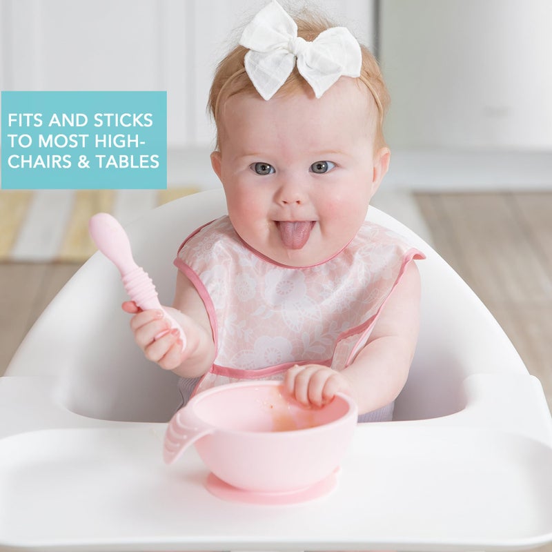Bumkins Silicone Baby Bowl Feeding Set With Suction for Toddler, Includes Spoon and Lid, First Feeding Set, Essential for Led Weaning, 4 Months+, Pink - Image 3