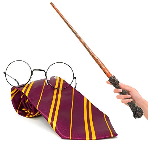 Skeleteen Wizard Costume Accessories Set - Nerd Circle Glasses, Red and Gold Tie and a Magic Wand Accessory Set for Kids and Adults - Image 5