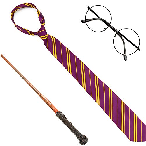 Skeleteen Wizard Costume Accessories Set - Nerd Circle Glasses, Red and Gold Tie and a Magic Wand Accessory Set for Kids and Adults - Image 1