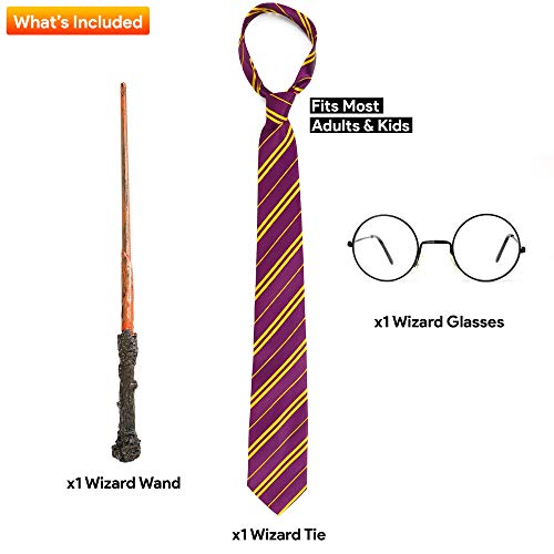 Skeleteen Wizard Costume Accessories Set - Nerd Circle Glasses, Red and Gold Tie and a Magic Wand Accessory Set for Kids and Adults - Image 3