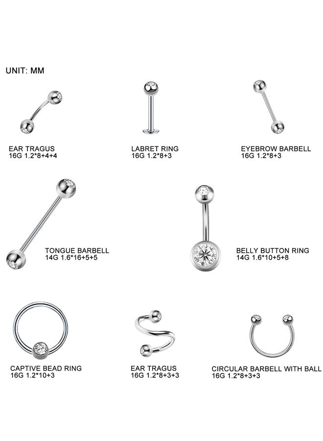 وهاواي 40PCS Stainless Steel Piercing Kit14G 16G Ear Cartilage Tragus Nose Septum Lip Tongue Daith Eyebrow Belly Button Rings Piercing Jewelry - Image 3